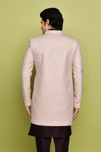 Pink front open pattern design with detached inside sleeveless jacket indo western