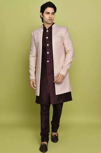 Pink front open pattern design with detached inside sleeveless jacket indo western