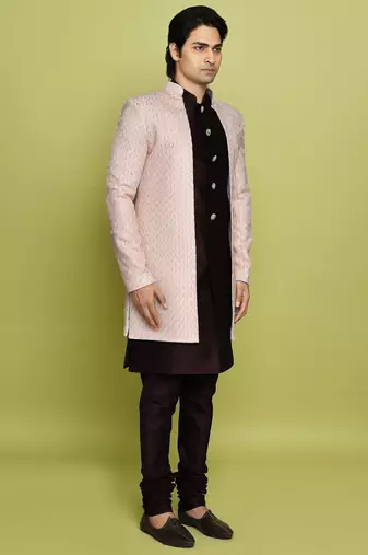 Pink front open pattern design with detached inside sleeveless jacket indo western