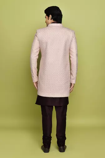 Pink front open pattern design with detached inside sleeveless jacket indo western