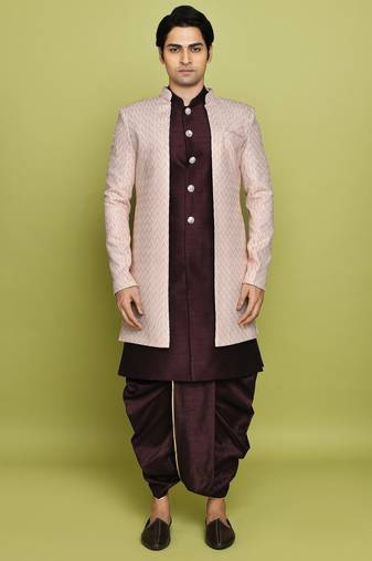 Pink front open pattern design with detached inside sleeveless jacket indo western