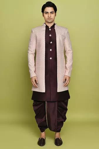 Pink front open pattern design with detached inside sleeveless jacket indo western