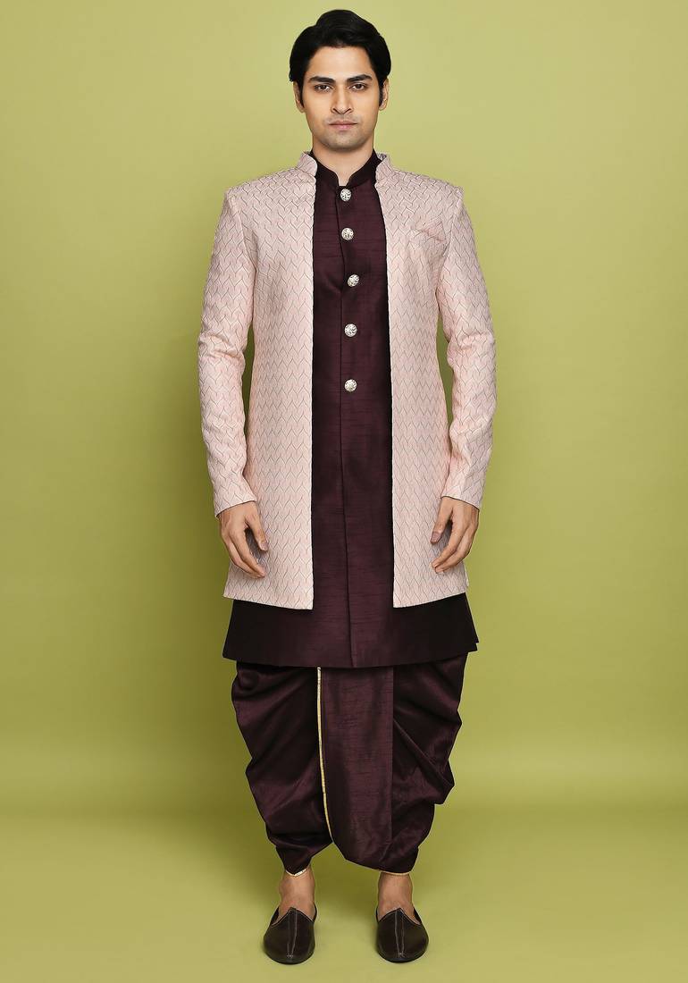 Pink front open pattern design with detached inside sleeveless jacket indo western