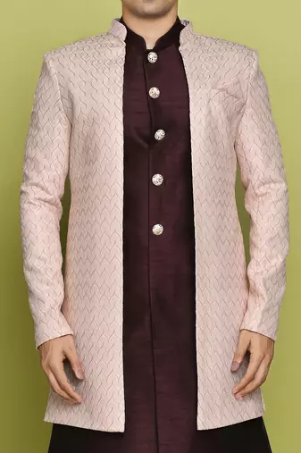 Pink front open pattern design with detached inside sleeveless jacket indo western