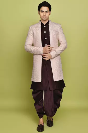 Pink front open pattern design with detached inside sleeveless jacket indo western