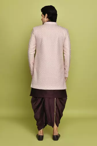 Pink front open pattern design with detached inside sleeveless jacket indo western