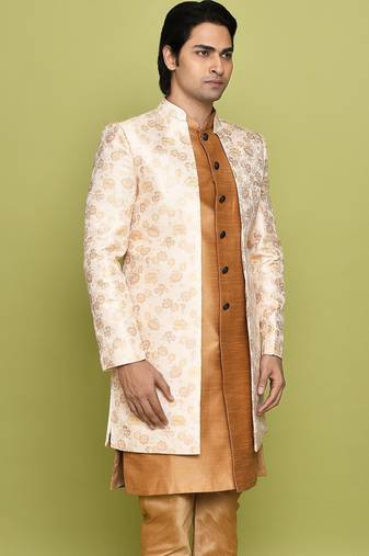 Peach front open pattern design with detached inside sleeveless jacket indo western