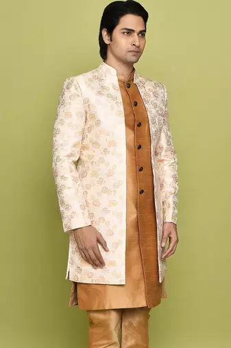 Peach front open pattern design with detached inside sleeveless jacket indo western