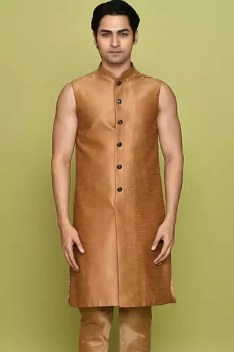 Peach front open pattern design with detached inside sleeveless jacket indo western