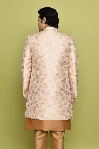 Peach front open pattern design with detached inside sleeveless jacket indo western