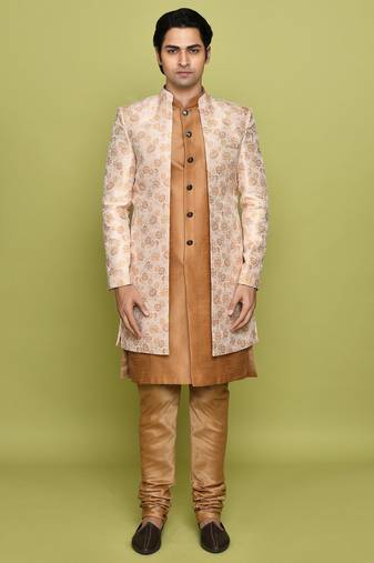 Peach front open pattern design with detached inside sleeveless jacket indo western