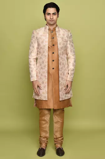 Peach front open pattern design with detached inside sleeveless jacket indo western