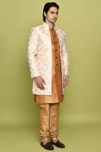 Peach front open pattern design with detached inside sleeveless jacket indo western