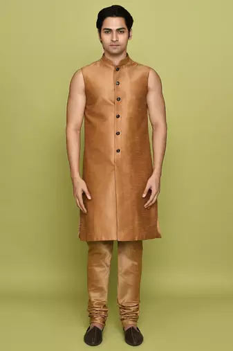 Peach front open pattern design with detached inside sleeveless jacket indo western