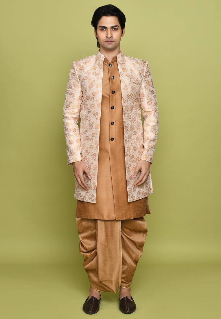 Peach front open pattern design with detached inside sleeveless jacket indo western