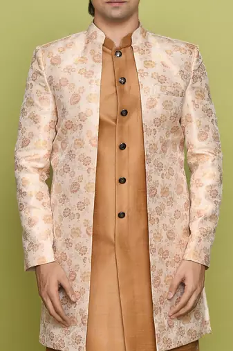Peach front open pattern design with detached inside sleeveless jacket indo western