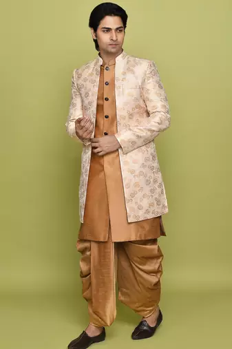 Peach front open pattern design with detached inside sleeveless jacket indo western