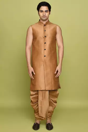 Peach front open pattern design with detached inside sleeveless jacket indo western