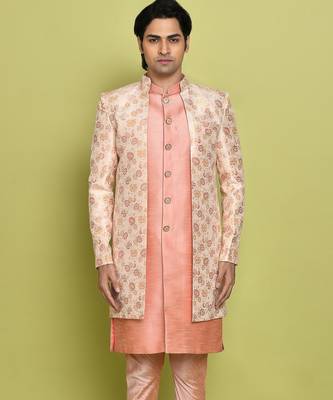 Pink front open pattern design with detached inside sleeveless jacket indo western 1