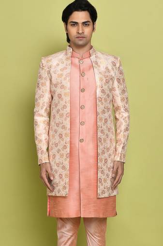 Pink front open pattern design with detached inside sleeveless jacket indo western