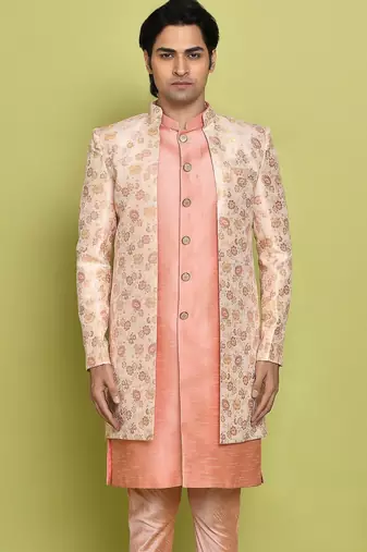 Pink front open pattern design with detached inside sleeveless jacket indo western