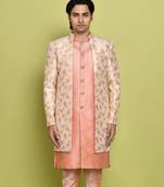 Pink front open pattern design with detached inside sleeveless jacket indo western