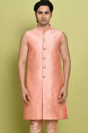 Pink front open pattern design with detached inside sleeveless jacket indo western