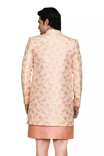 Pink front open pattern design with detached inside sleeveless jacket indo western