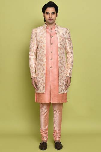 Pink front open pattern design with detached inside sleeveless jacket indo western