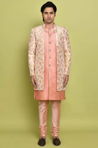 Pink front open pattern design with detached inside sleeveless jacket indo western