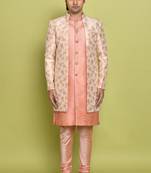 Pink front open pattern design with detached inside sleeveless jacket indo western