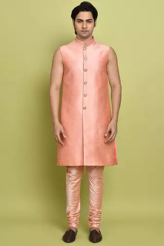 Pink front open pattern design with detached inside sleeveless jacket indo western