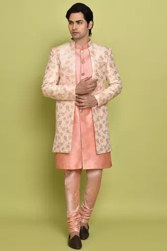 Pink front open pattern design with detached inside sleeveless jacket indo western