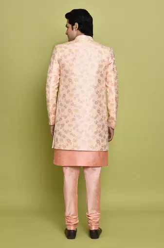 Pink front open pattern design with detached inside sleeveless jacket indo western
