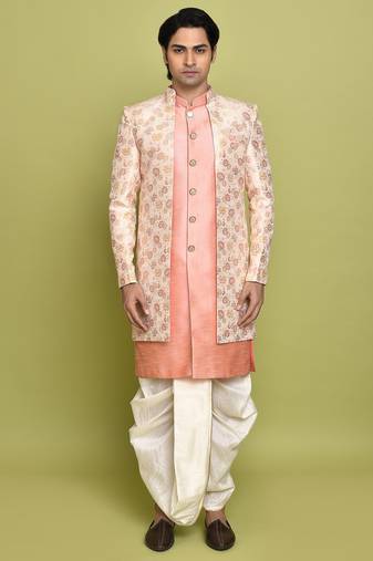 Pink front open pattern design with detached inside sleeveless jacket indo western