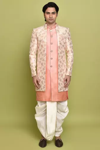 Pink front open pattern design with detached inside sleeveless jacket indo western