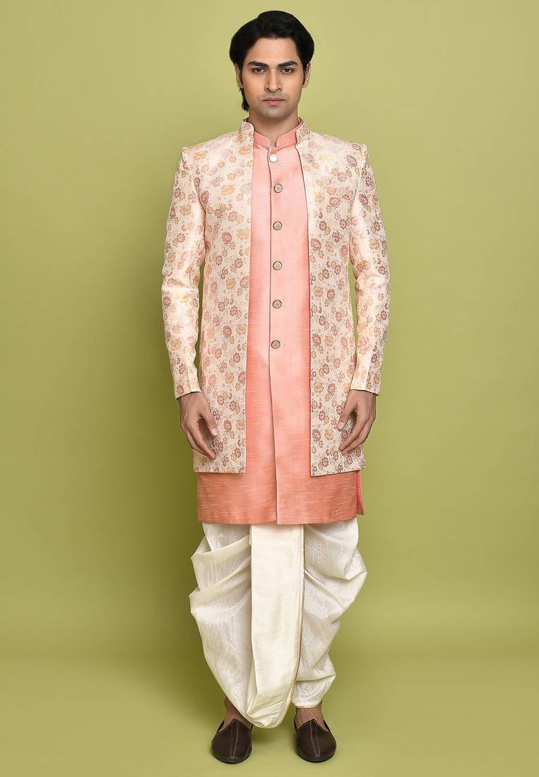 Pink front open pattern design with detached inside sleeveless jacket indo western