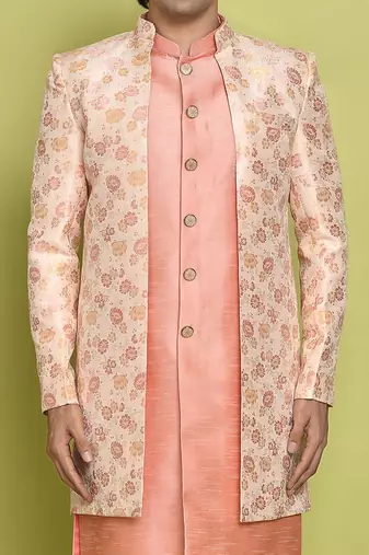 Pink front open pattern design with detached inside sleeveless jacket indo western