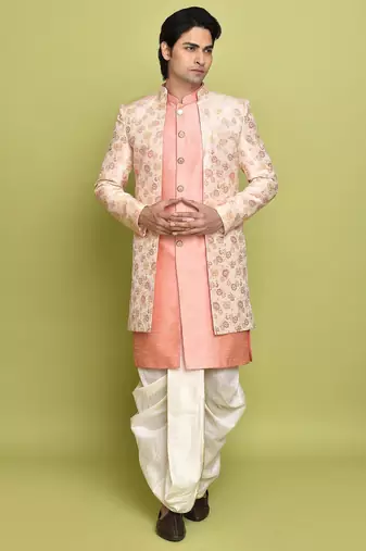 Pink front open pattern design with detached inside sleeveless jacket indo western