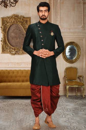 Bottle green anghrakha pattern work with mahroon pipe in indo western