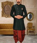 Bottle green anghrakha pattern work with mahroon pipe in indo western