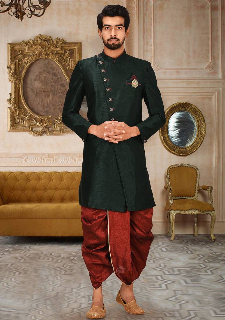 Bottle green anghrakha pattern work with mahroon pipe in indo western