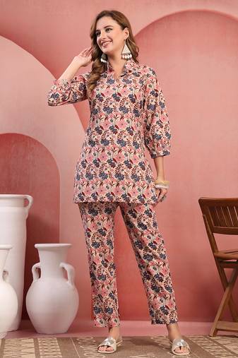 Women multicolor cotton floral printed co ord sets stitched