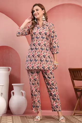 Women multicolor cotton floral printed co ord sets stitched
