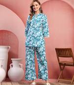 Women light blue cotton floral printed co ord sets stitched