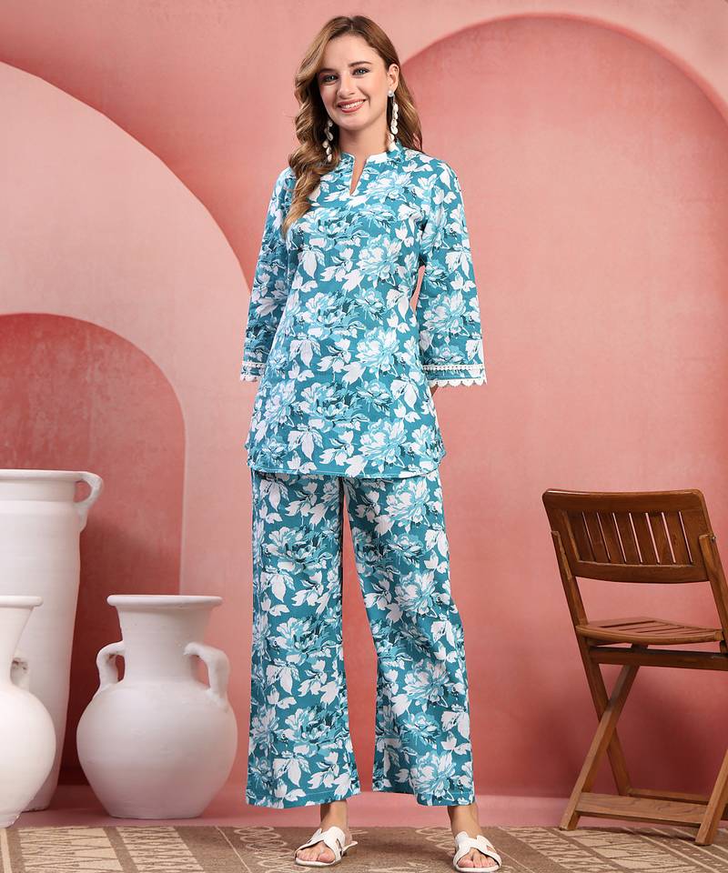 Women light blue cotton floral printed co ord sets stitched