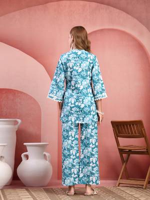 Women light blue cotton floral printed co ord sets stitched 2
