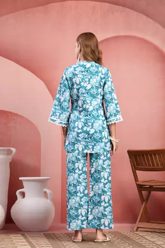 Women light blue cotton floral printed co ord sets stitched