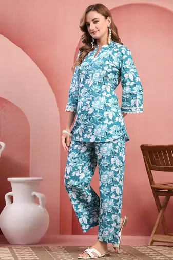Women light blue cotton floral printed co ord sets stitched