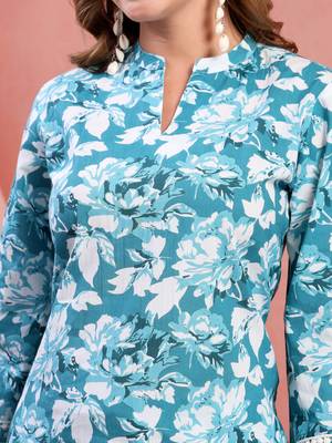 Women light blue cotton floral printed co ord sets stitched 4